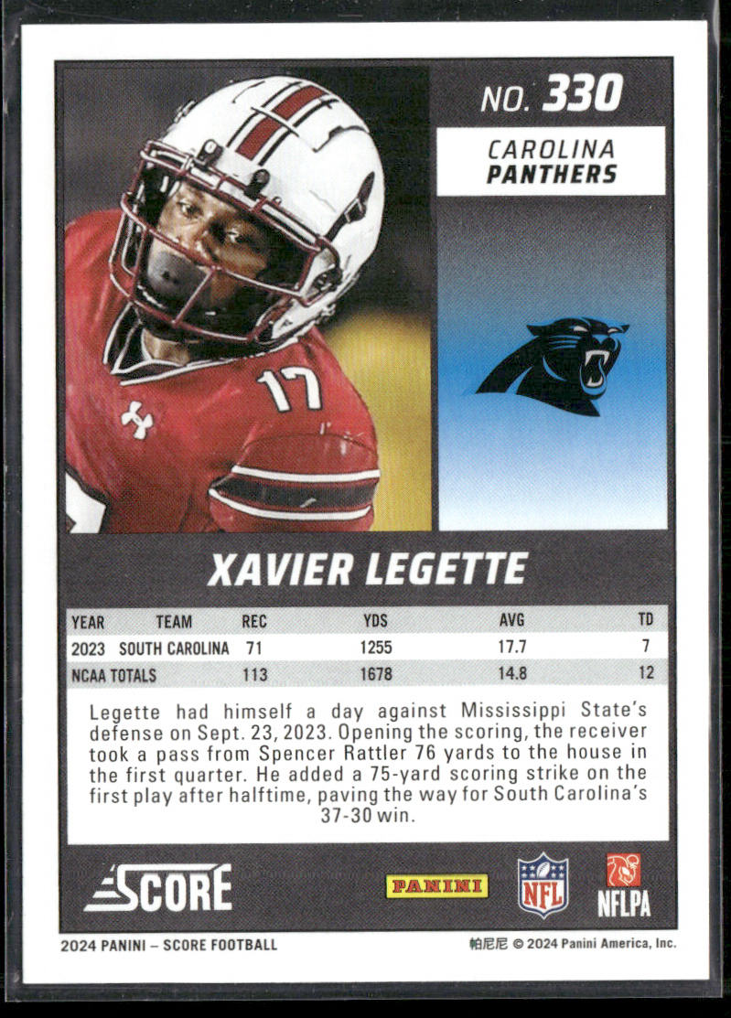 Xavier Legette 2024 Score #330 RC Carolina Panthers