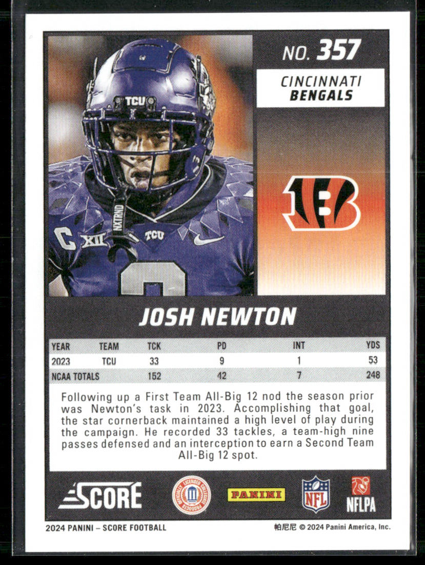 Josh Newton 2024 Score #357 RC Cincinnati Bengals