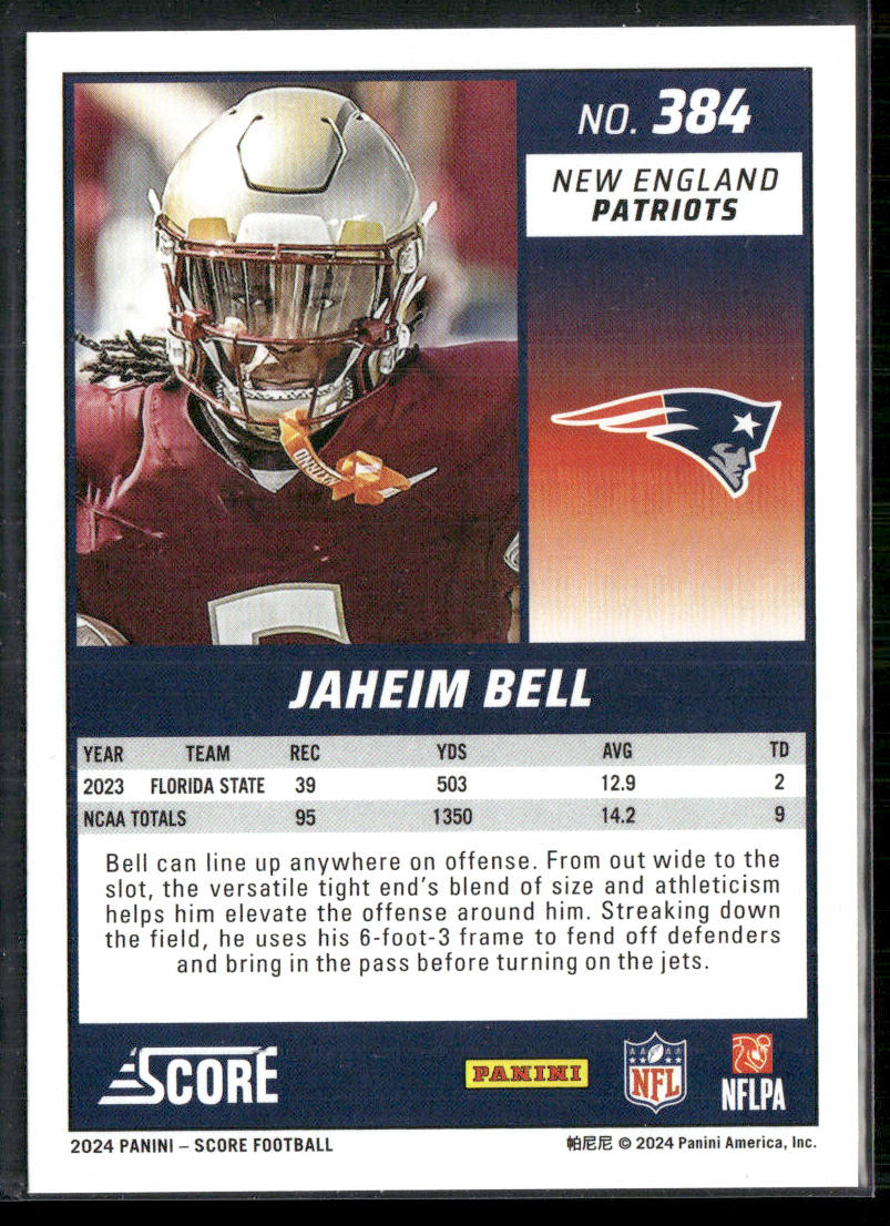 Jaheim Bell 2024 Score #384 RC New England Patriots