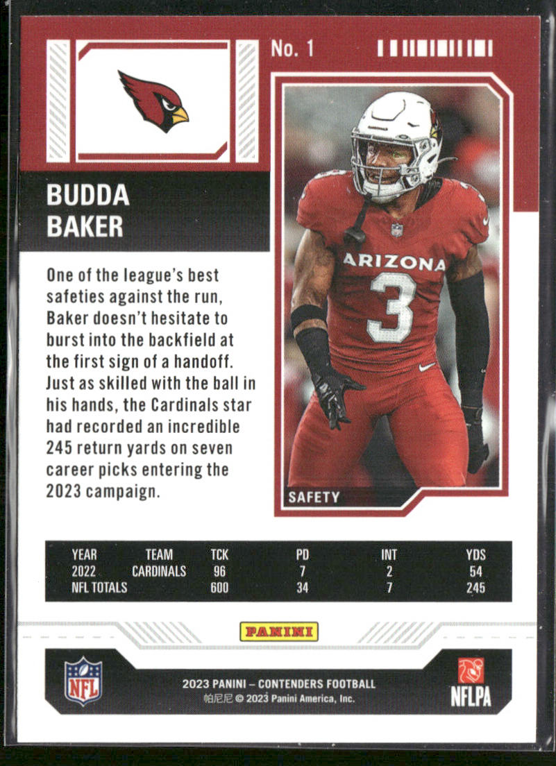 Budda Baker 2023 Panini Contenders #1 Arizona Cardinals