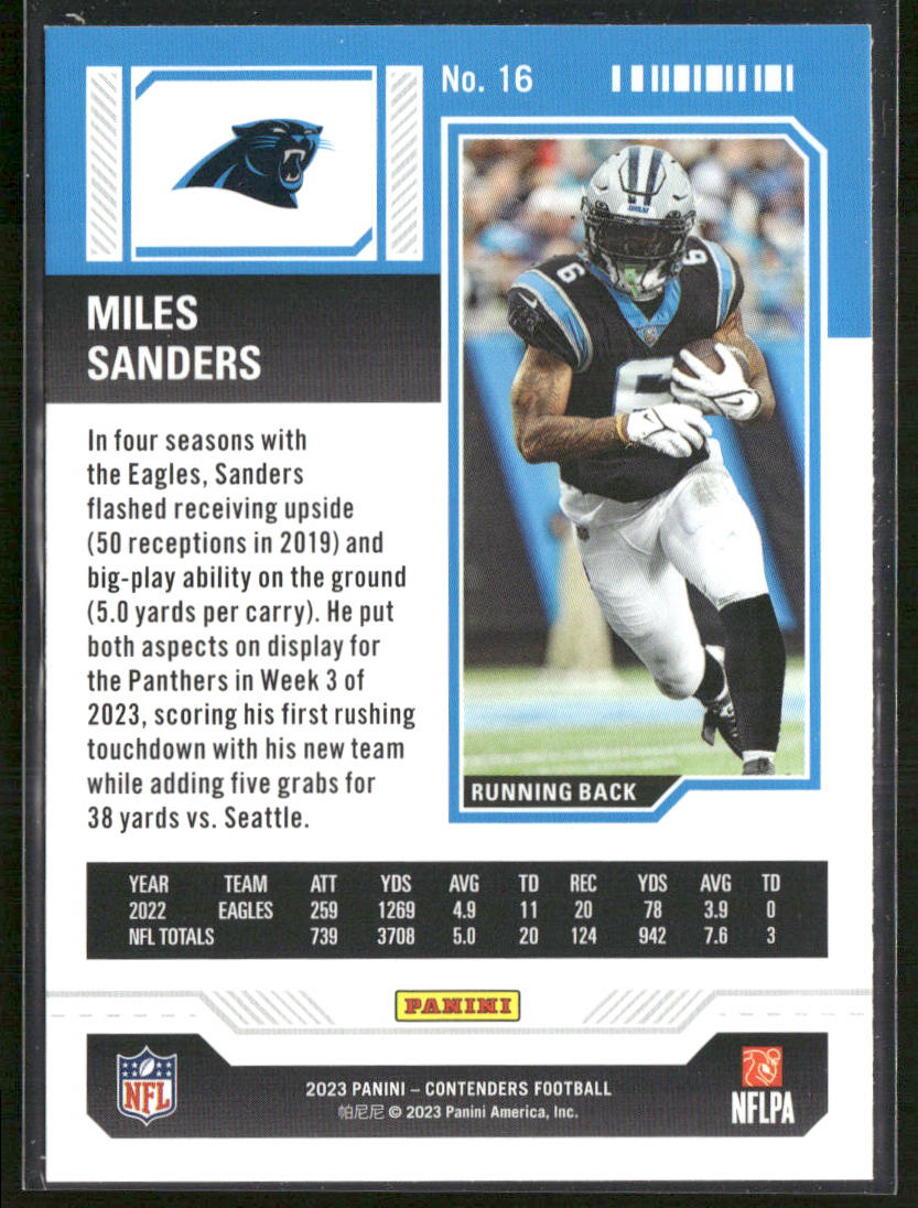 Miles Sanders 2023 Panini Contenders #16 Carolina Panthers