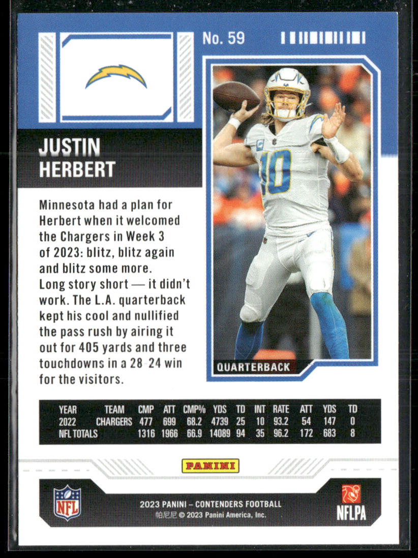 Justin Herbert 2023 Panini Contenders #59 Los Angeles Chargers