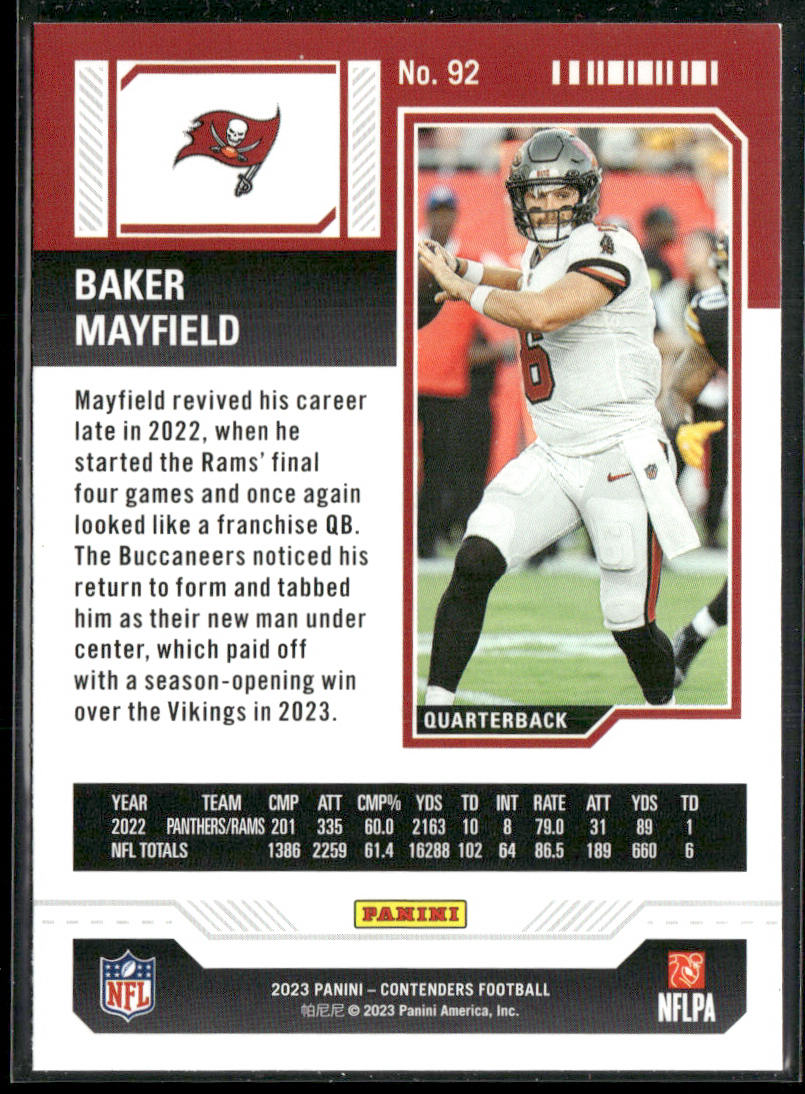 Baker Mayfield 2023 Panini Contenders #92 Tampa Bay Buccaneers