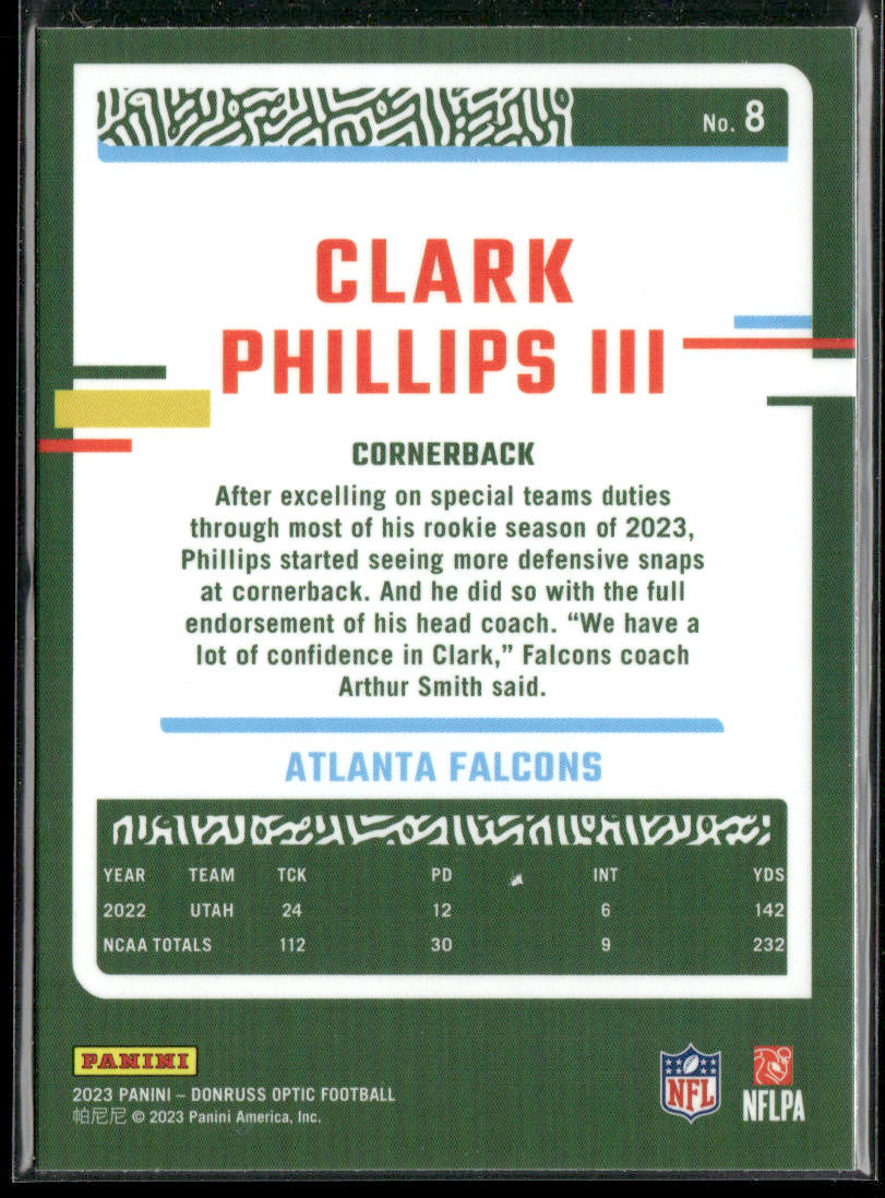 Clark Phillips III 2023 Donruss Optic #8 Atlanta Falcons