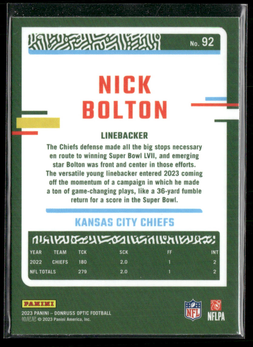 Nick Bolton 2023 Donruss Optic #92 Kansas City Chiefs