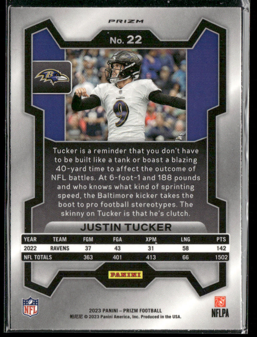 Justin Tucker 2023 Panini Prizm Green Wave #22 Baltimore Ravens
