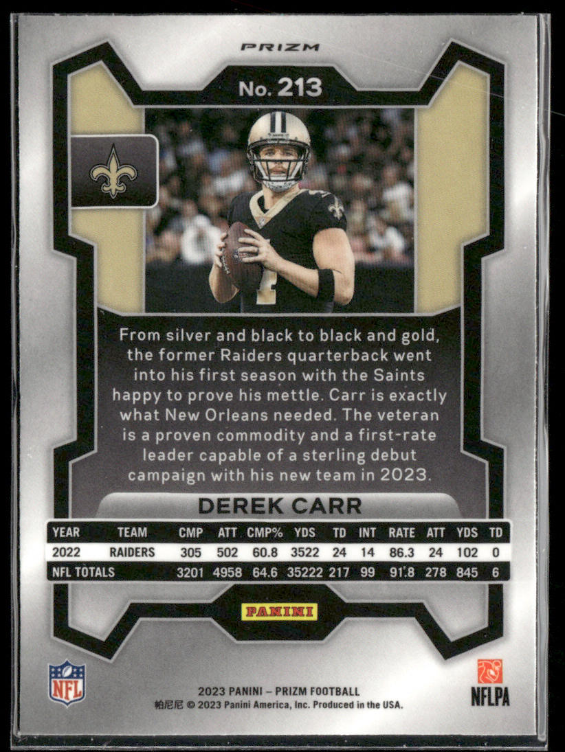 Derek Carr 2023 Panini Prizm Green Wave #213 New Orleans Saints