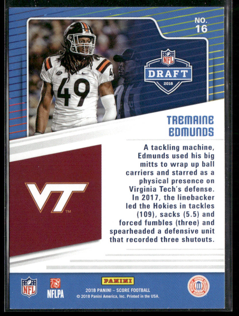 Tremaine Edmunds 2018 Score NFL Draft Gold #16 Virginia Tech Hokies