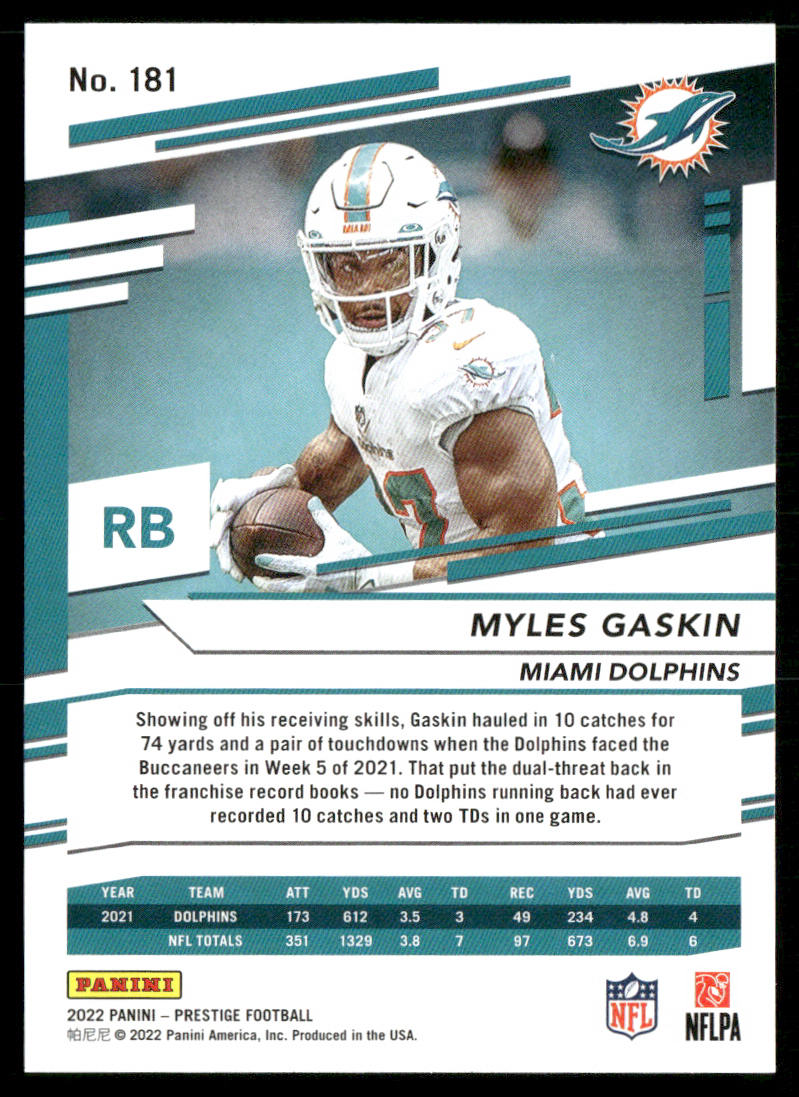 Myles Gaskin 2022 Panini Prestige #181 Miami Dolphins