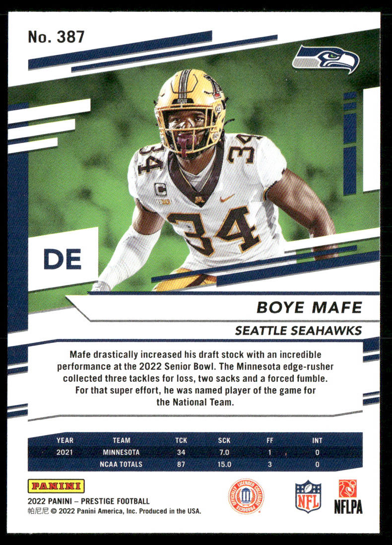 Boye Mafe 2022 Panini Prestige #387 RC Seattle Seahawks