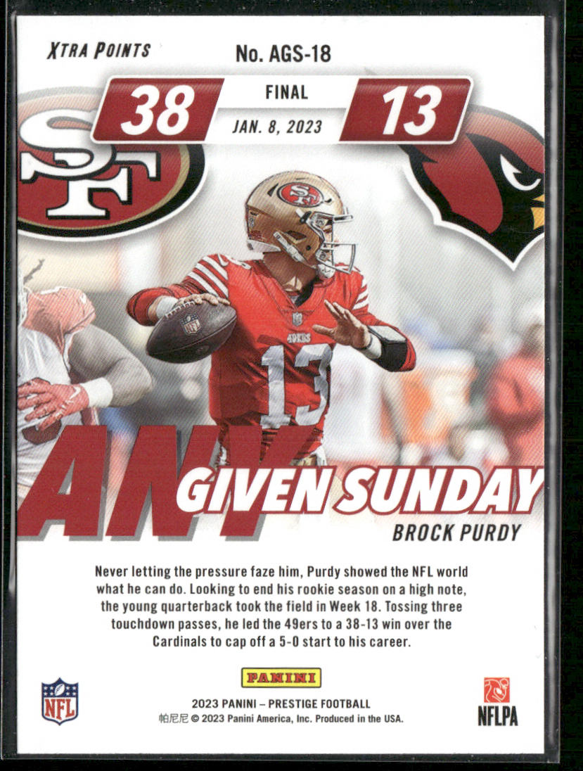 Brock Purdy 2023 Panini Prestige Any Given Sunday #AGS-18 San Francisco 49ers