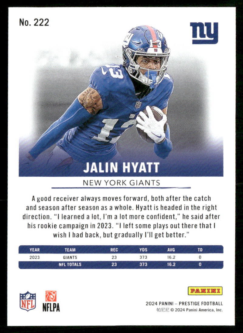 Jalin Hyatt 2024 Panini Prestige #222 New York Giants