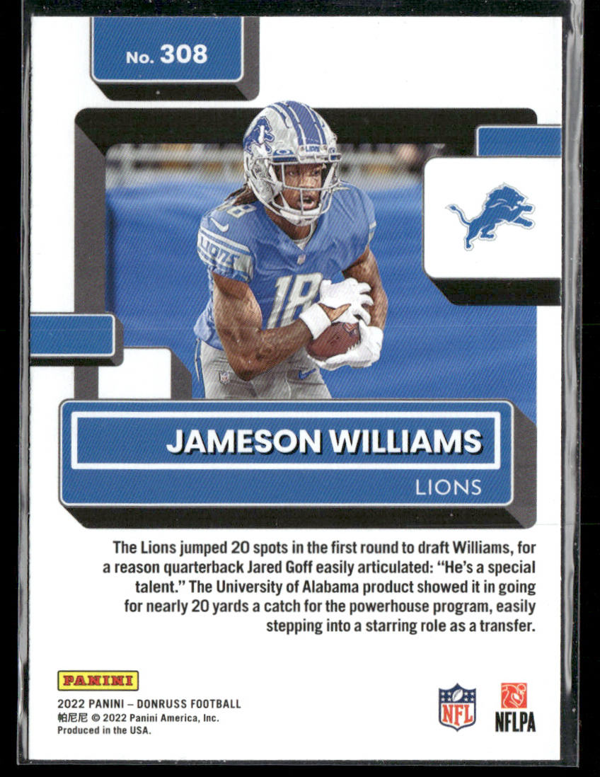 Jameson Williams 2022 Donruss Blue Press Proof #308 RC Detroit Lions