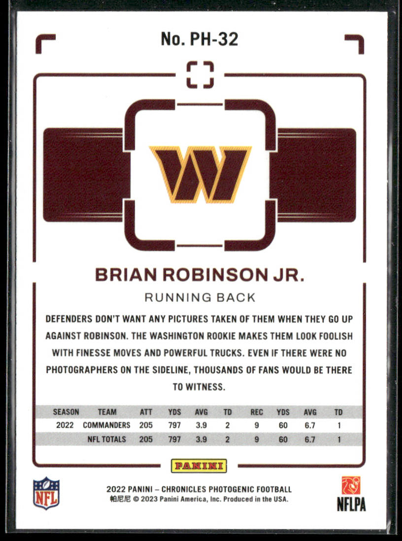 Brian Robinson Jr. 2022 Panini Chronicles Photogenic #PH-32 Commanders