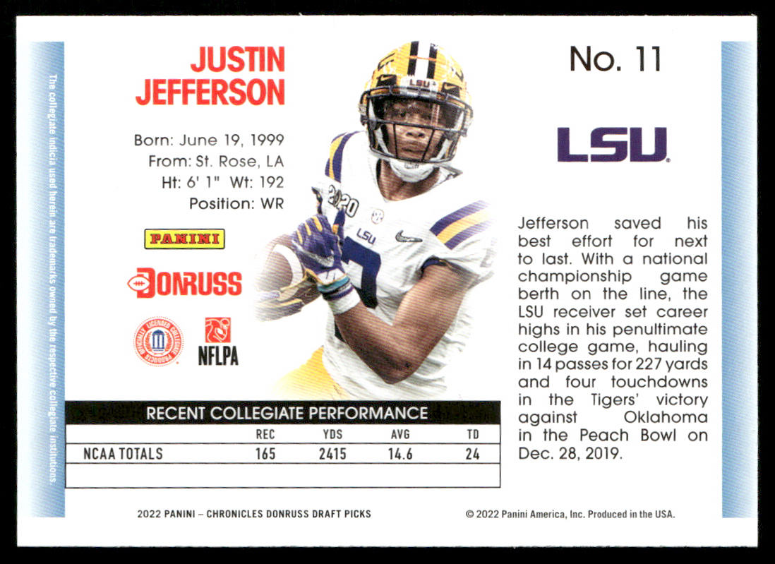 Justin Jefferson 2022 Panini Chronicles Draft Picks Donruss Retro #11 LSU Tigers