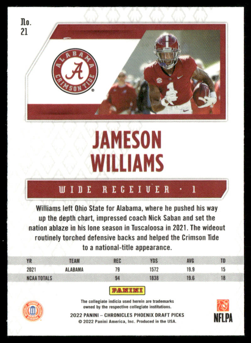 Jameson Williams 2022 Panini Chronicles Draft Picks Phoenix #21 Crimson Tide