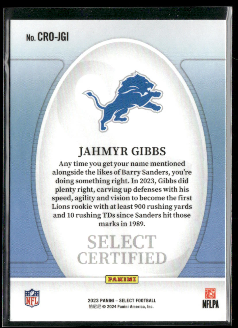 Jahmyr Gibbs 2023 Panini Select Select Certified Rookies #CRO-JGI Detroit Lions