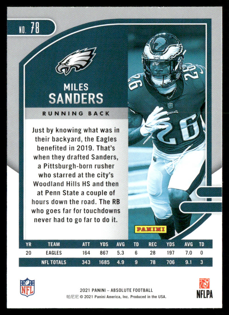 Miles Sanders 2021 Panini Absolute Retail #78 Philadelphia Eagles