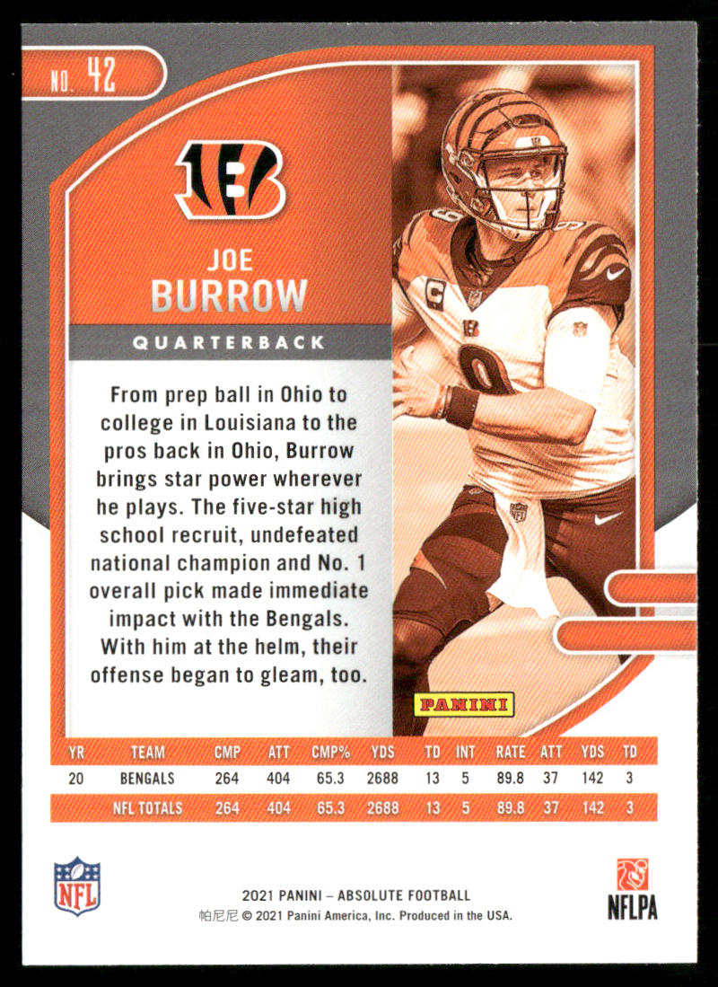 Joe Burrow 2021 Panini Absolute #42 Cincinnati Bengals