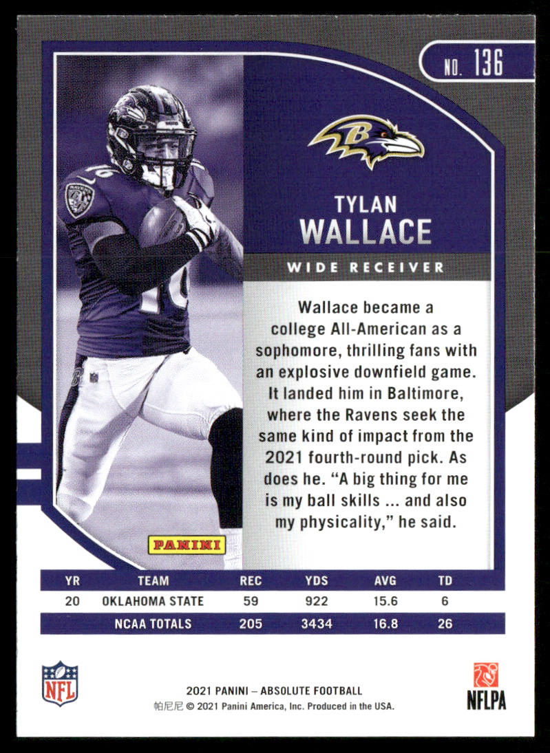 Tylan Wallace 2021 Panini Absolute Retail #136 RC Baltimore Ravens