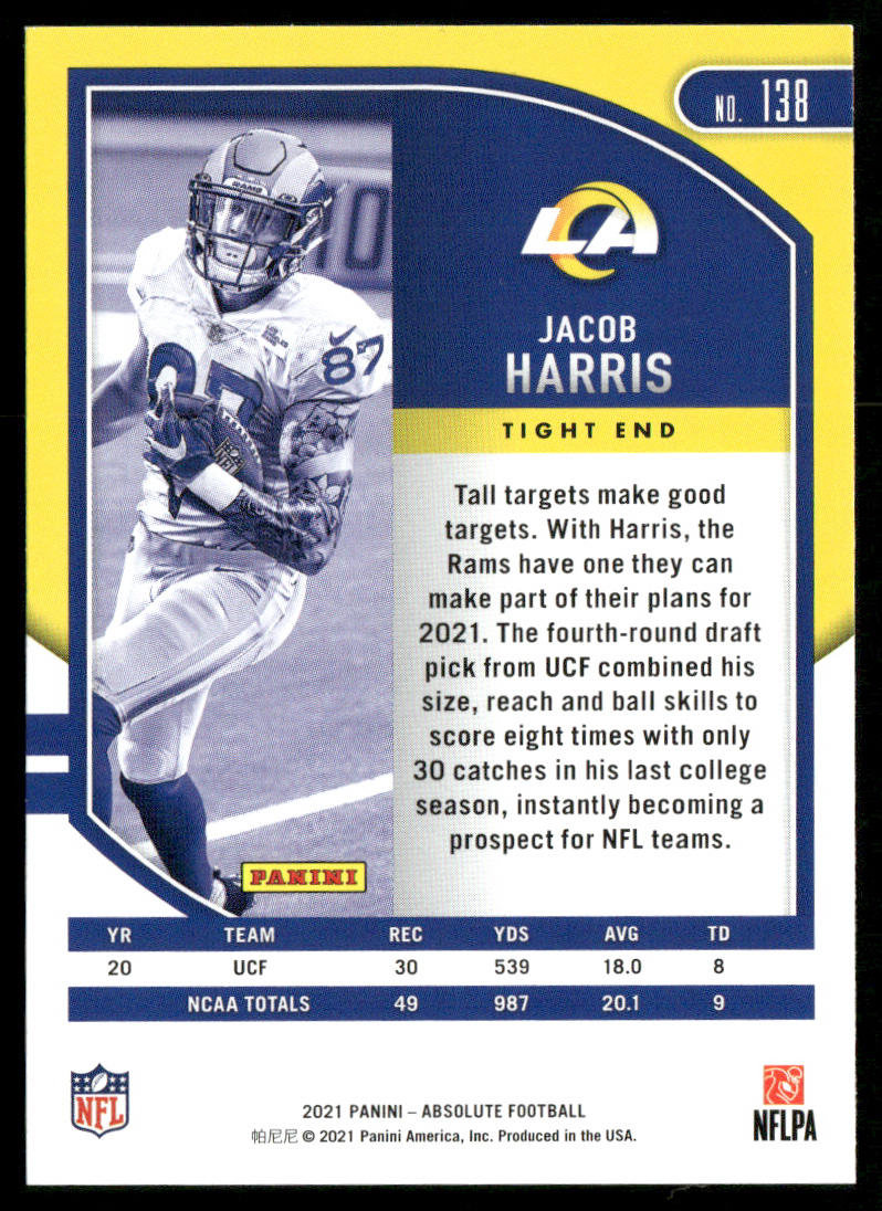 Jacob Harris 2021 Panini Absolute Retail #138 RC Los Angeles Rams