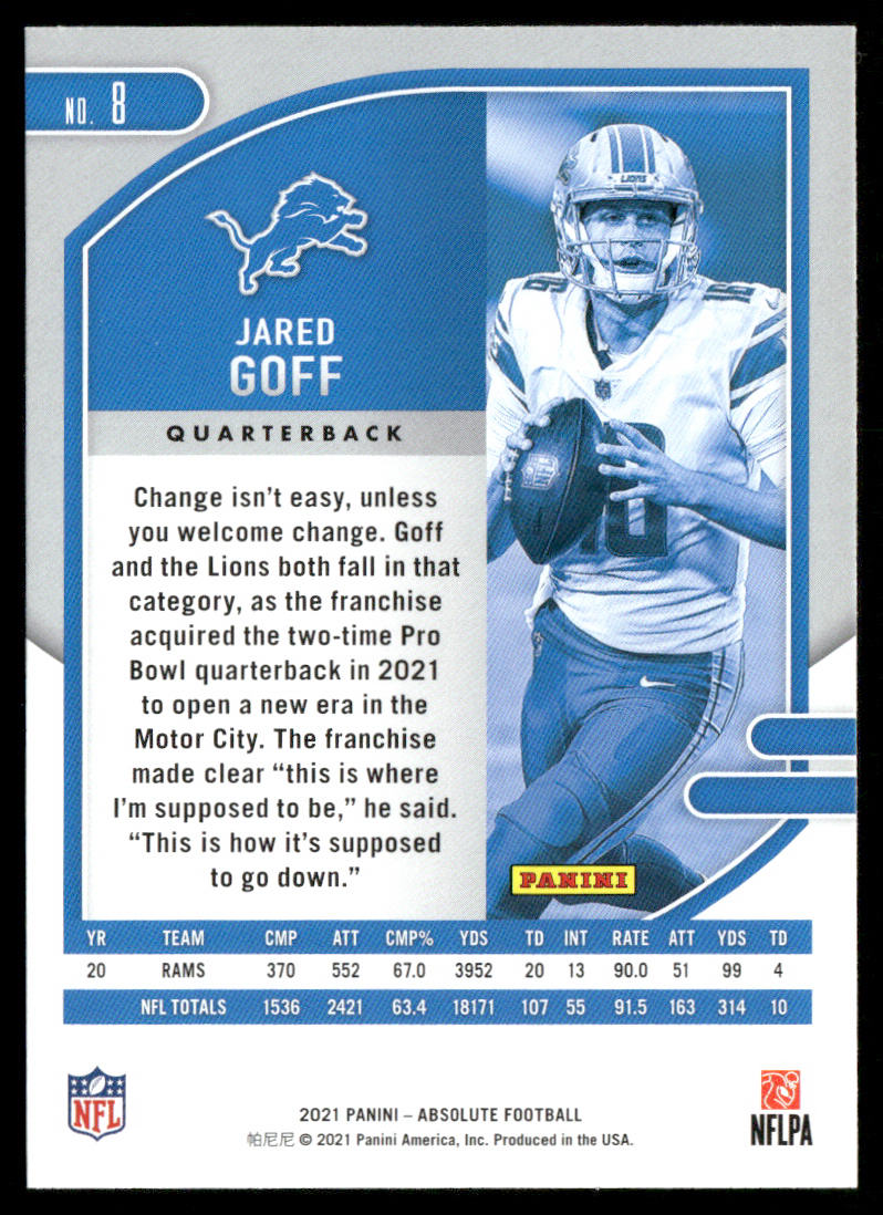 Jared Goff 2021 Panini Absolute Retail #8 Detroit Lions