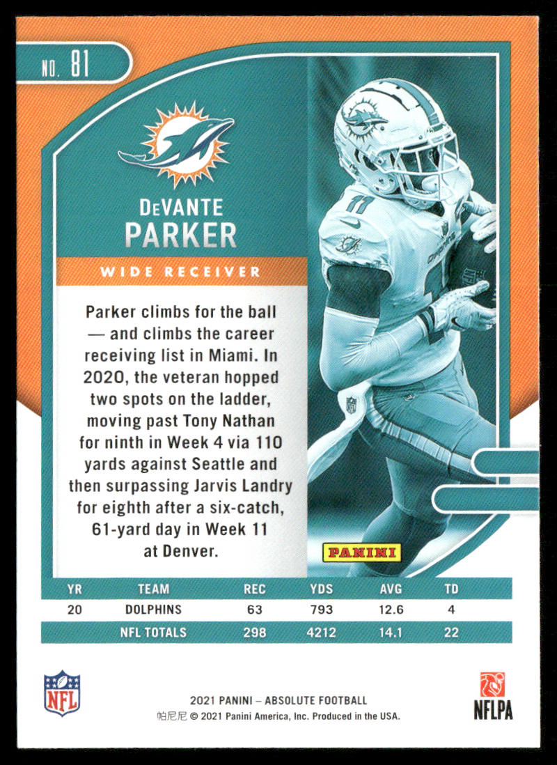 DeVante Parker 2021 Panini Absolute Retail #81 Miami Dolphins