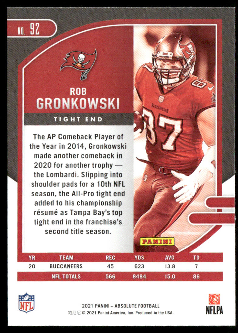 Rob Gronkowski 2021 Panini Absolute Retail #92 Tampa Bay Buccaneers