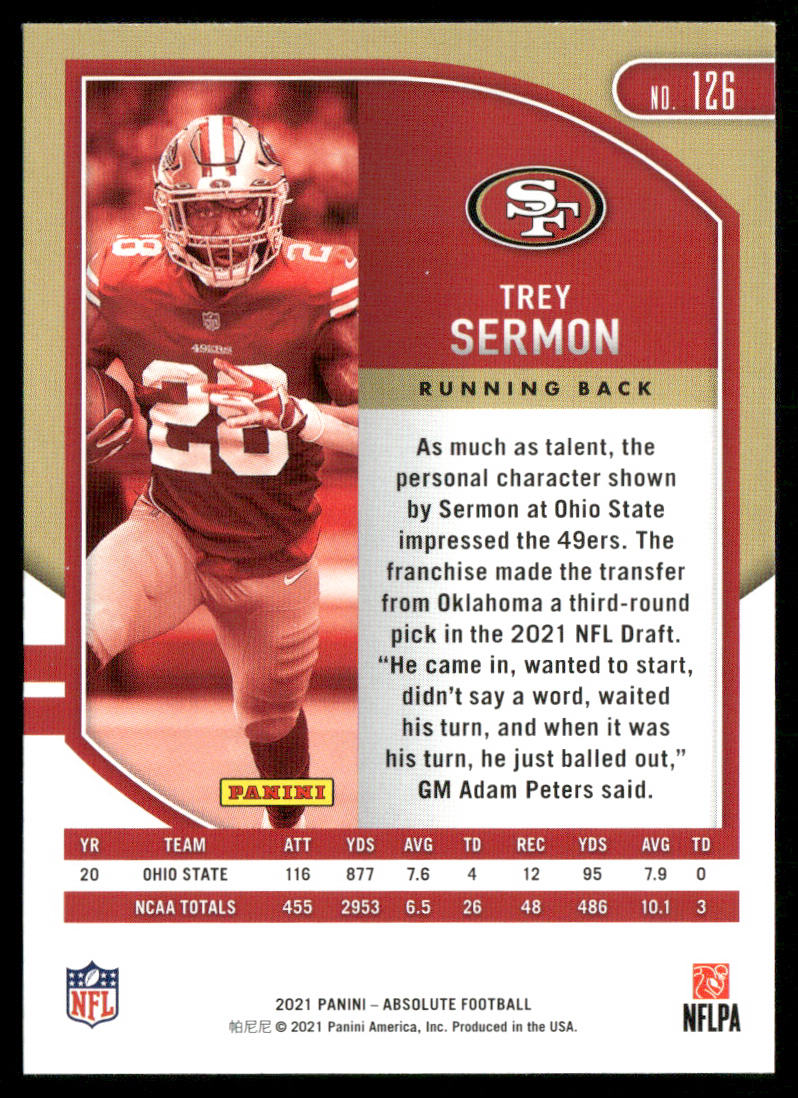 Trey Sermon 2021 Panini Absolute Green #126 San Francisco 49ers