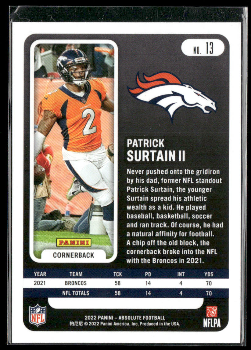 Patrick Surtain II 2022 Panini Absolute Retail #13 Denver Broncos