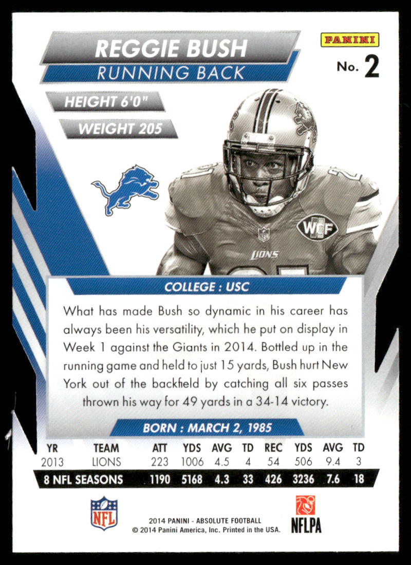 Reggie Bush 2014 Panini Absolute Retail #2 Detroit Lions