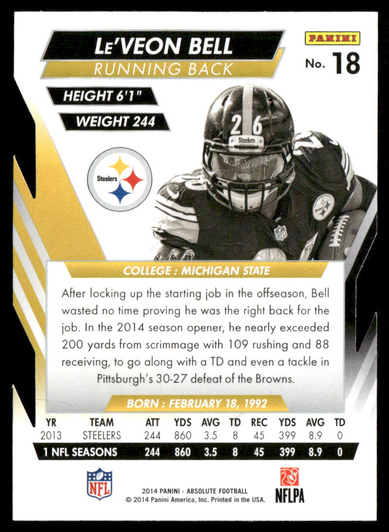 Le'Veon Bell 2014 Panini Absolute Retail #18 Pittsburgh Steelers