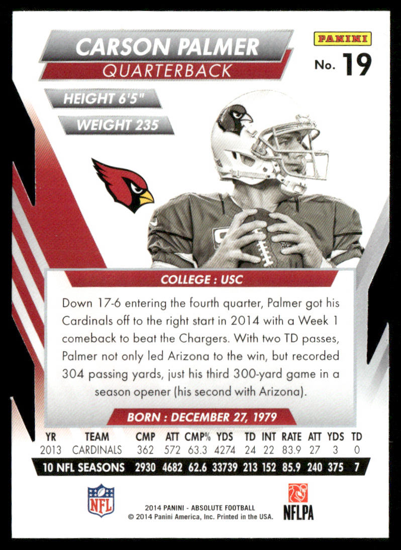 Carson Palmer 2014 Panini Absolute Retail #19 Arizona Cardinals