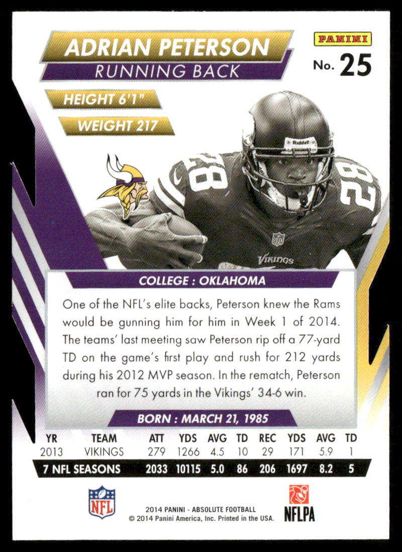 Adrian Peterson 2014 Panini Absolute #25 Minnesota Vikings