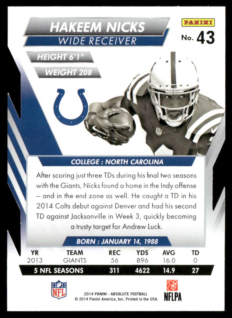 Hakeem Nicks 2014 Panini Absolute Retail #43 Indianapolis Colts