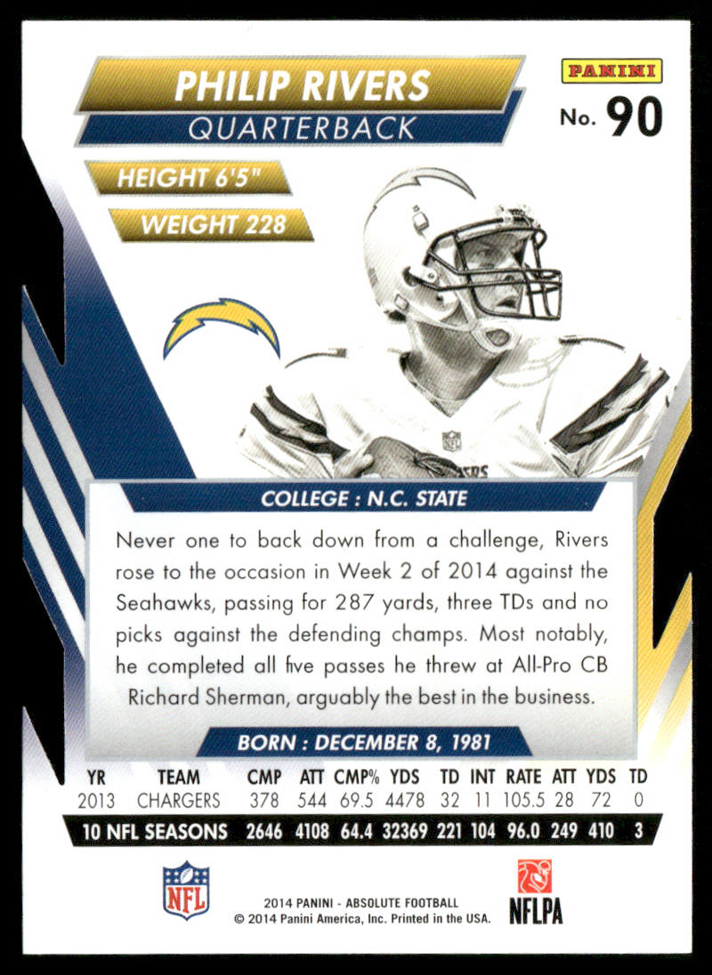 Philip Rivers 2014 Panini Absolute Retail #90 San Diego Chargers