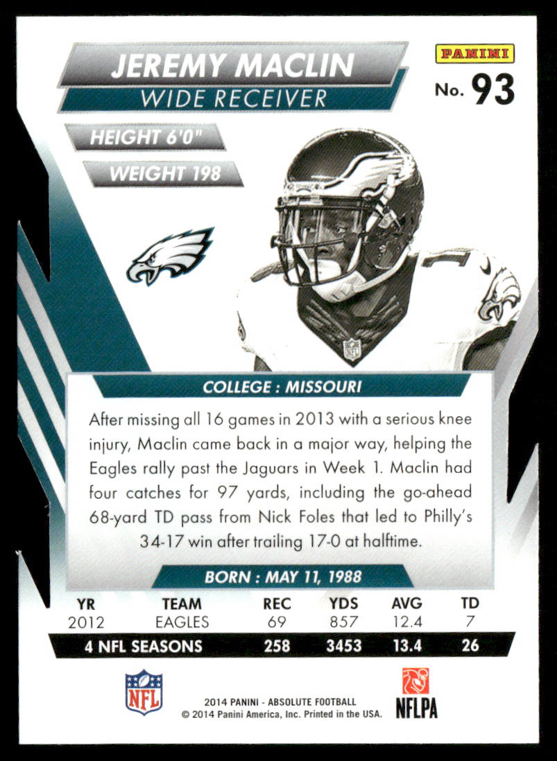 Jeremy Maclin 2014 Panini Absolute Retail #93 Philadelphia Eagles