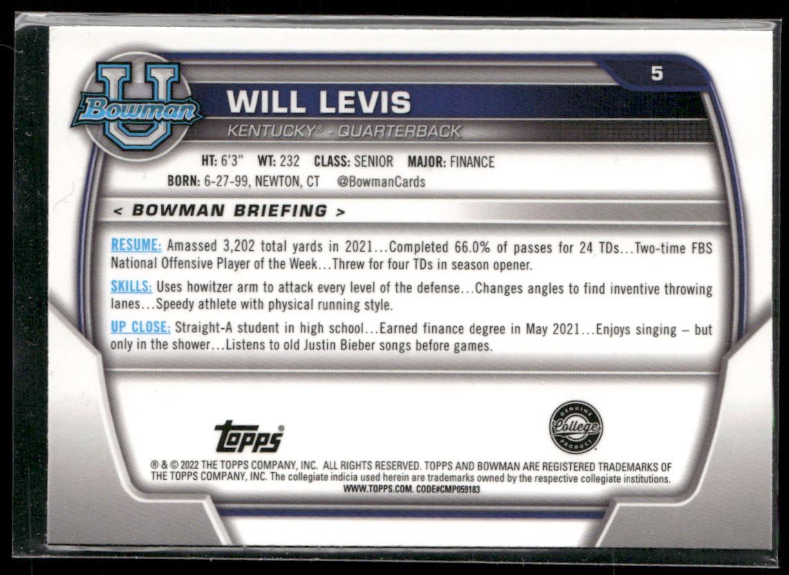 Will Levis 2022 Bowman University Chrome #5 Kentucky Wildcats