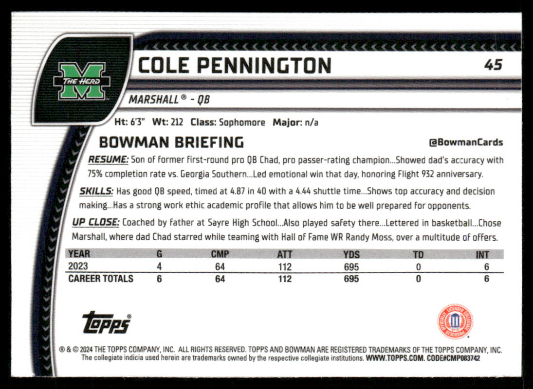 Cole Pennington 2024 Bowman University Chrome #45 Marshall Thundering Herd
