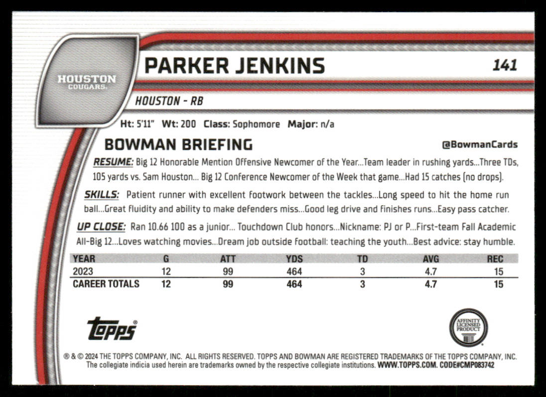 Parker Jenkins 2024 Bowman University Chrome #141 Houston Cougars