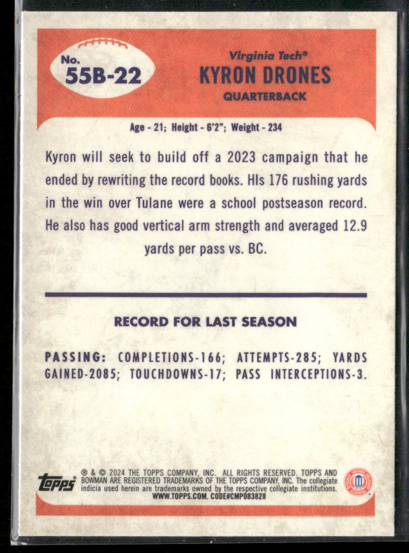 Kyron Drones 2024 Bowman University Chrome 1955 Bowman Football #55B-22 Hokies