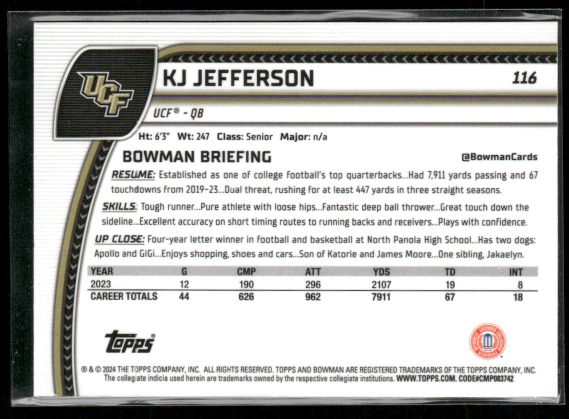 KJ Jefferson 2024 Bowman University Chrome Pink Lava Refractor #116 UCF Knights