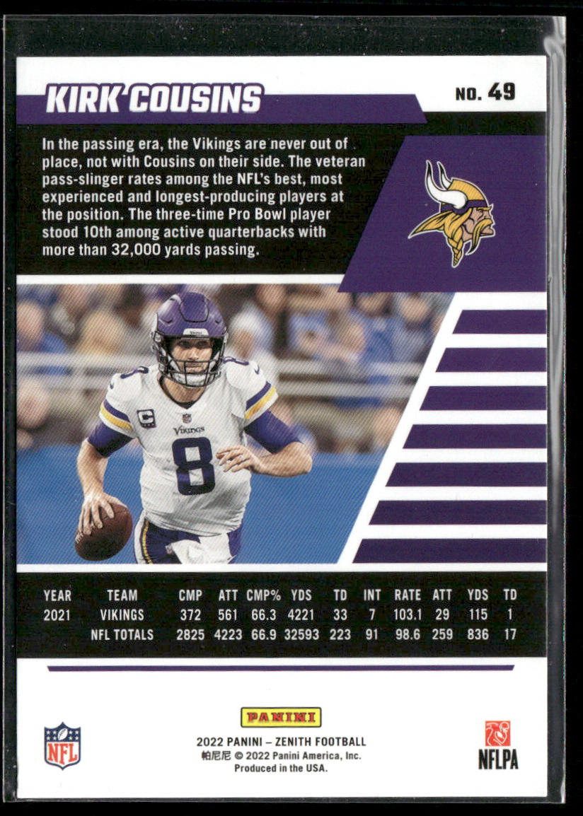 Kirk Cousins 2022 Zenith Red Zone #49 Minnesota Vikings