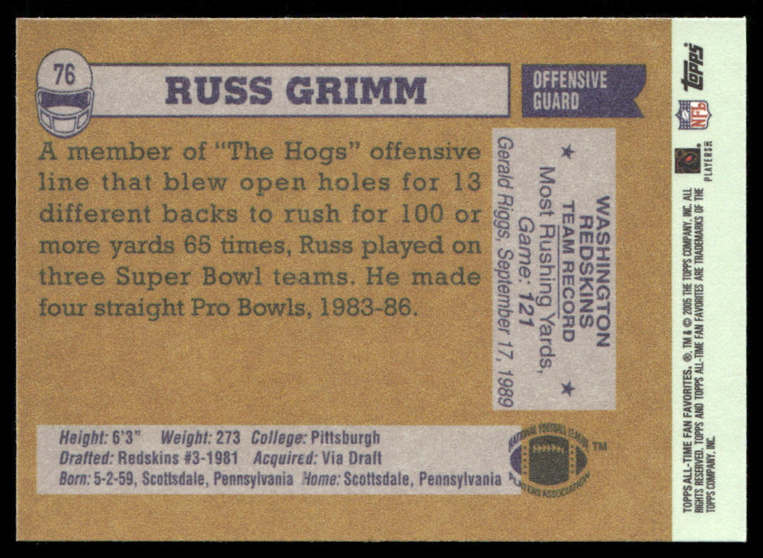 Russ Grimm 2004 Topps Fan Favorites #76 Washington Redskins
