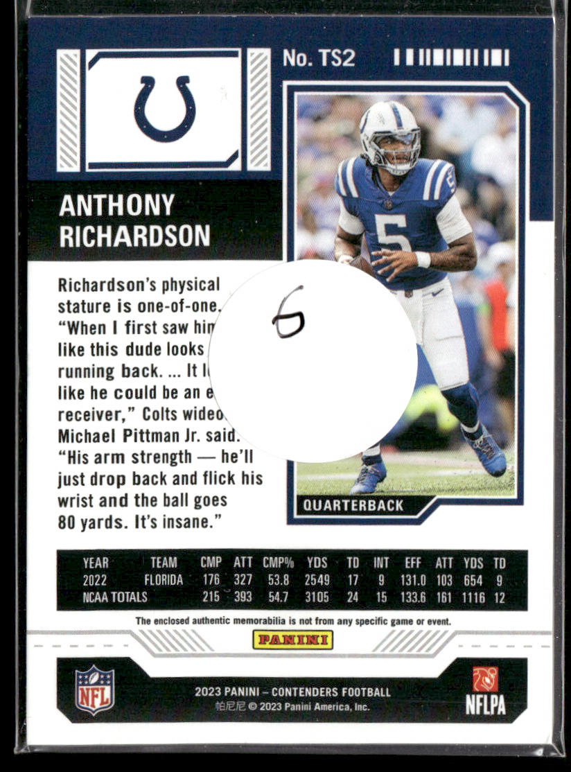 Anthony Richardson 2023 Panini Contenders Rookie Ticket Swatches #TS2 MEM Colts