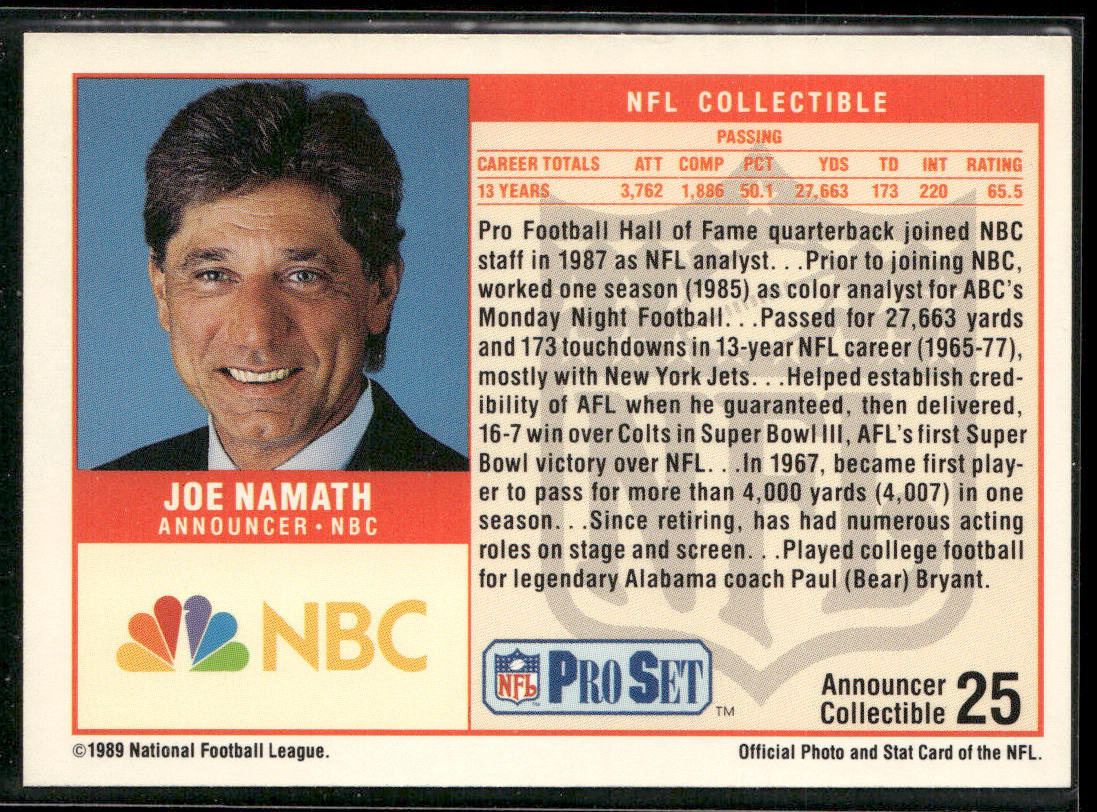 Joe Namath 1989 Pro Set Announcer Collectibles #25 New York Jets
