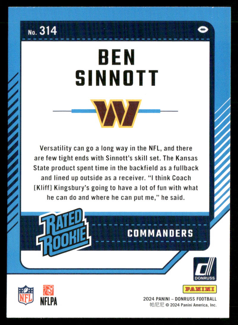 Ben Sinnott 2024 Donruss #314 RC Washington Commanders