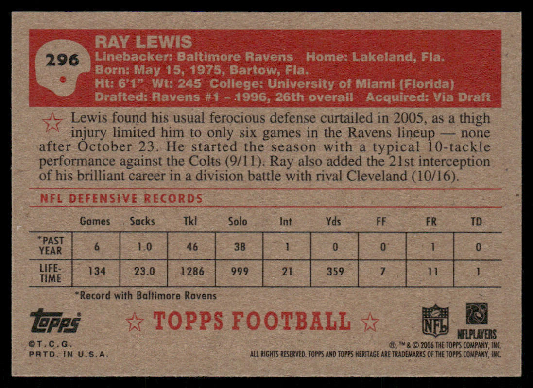 Ray Lewis 2006 Topps Heritage #296 Baltimore Ravens