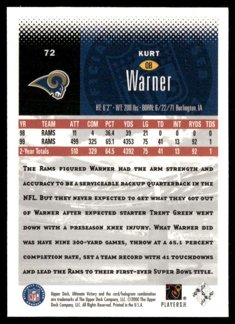Kurt Warner 2000 Upper Deck Ultimate Victory #72 St. Louis Rams