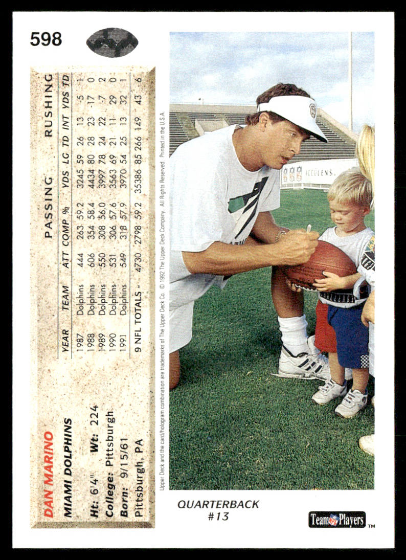 Dan Marino 1992 Upper Deck #598 Miami Dolphins